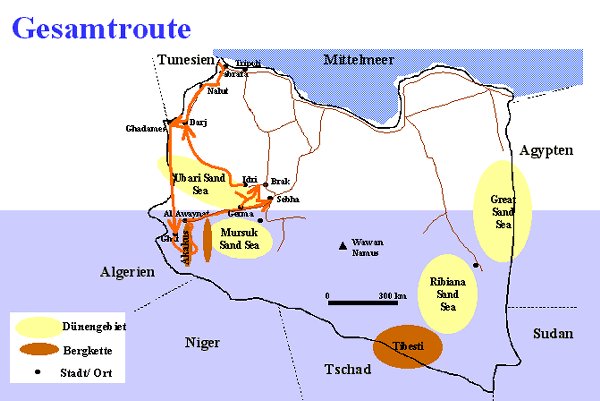 landkarte und reiseroute durch libyen
